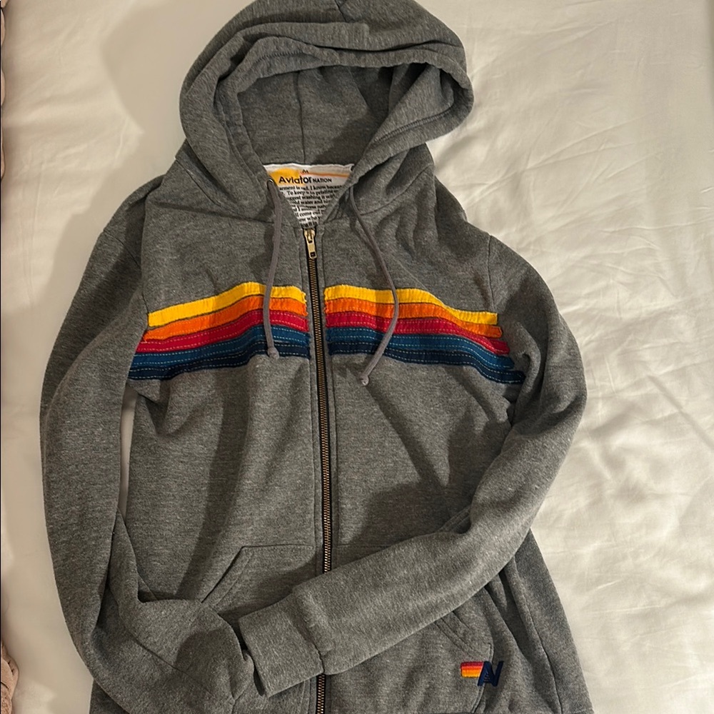 Aviator Nation 5 STRIPE HOODIE - HEATHER GREY - Size Medium